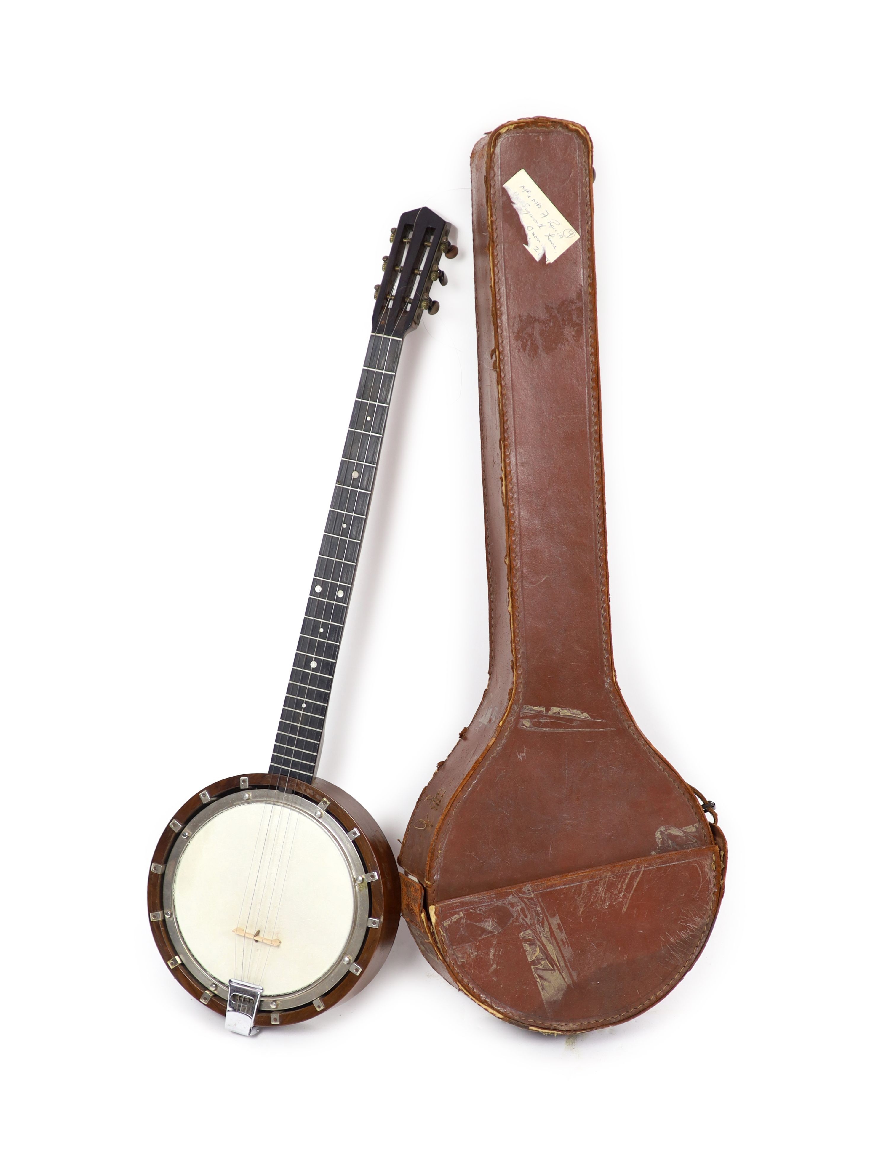 A Clifford Essex banjo overall 90cm, with distressed leather case